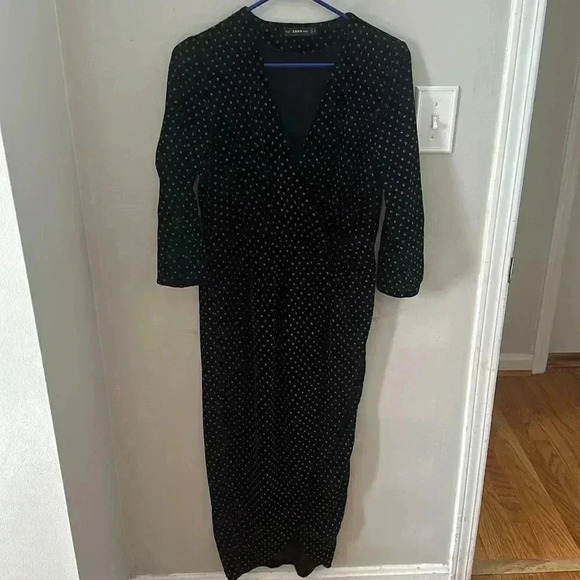 ZARA KNIT Wrap Velvet Black Silver Dress Polkadot 3/4 Sleeve Sz small - Picture 3 of 7